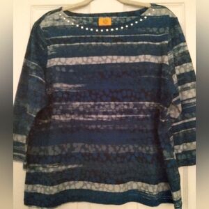Ruby‎ Rd. Printed Cropped Boho Eclectic Artsy Resort Cruise Cotton Top w/ Studs